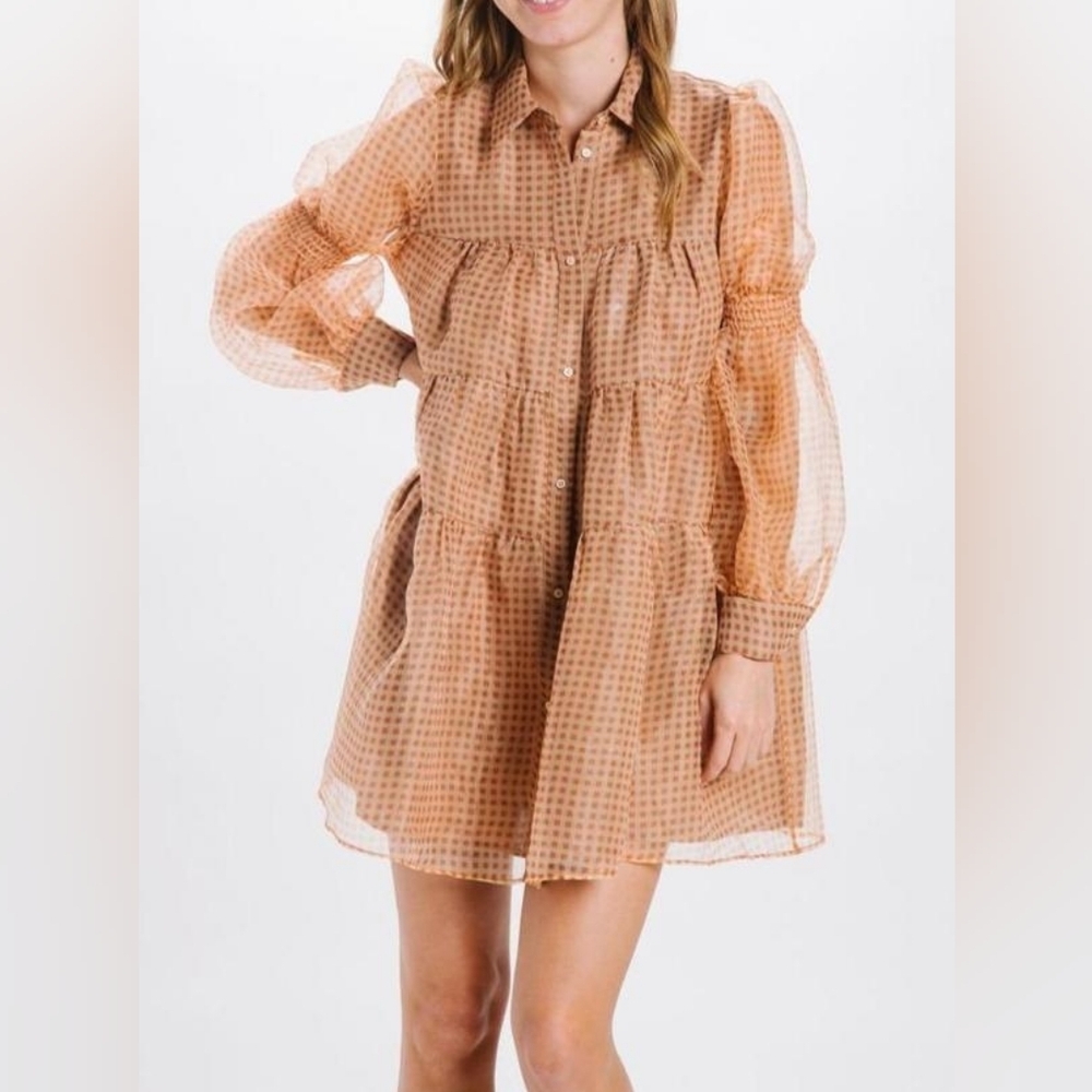EN SAISON Organza Check Print Tiered Mini Dress Tan Color Size XS Long Sleeve